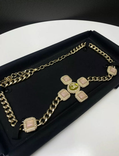 Chanel 20A pink glass cross full diamond waist chain