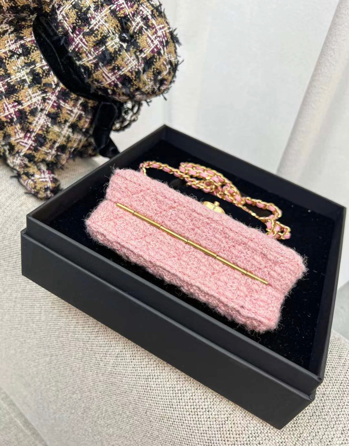 CHANEL Metal Tweed Logo CC Minaudiere Flap Bag Pink Gold