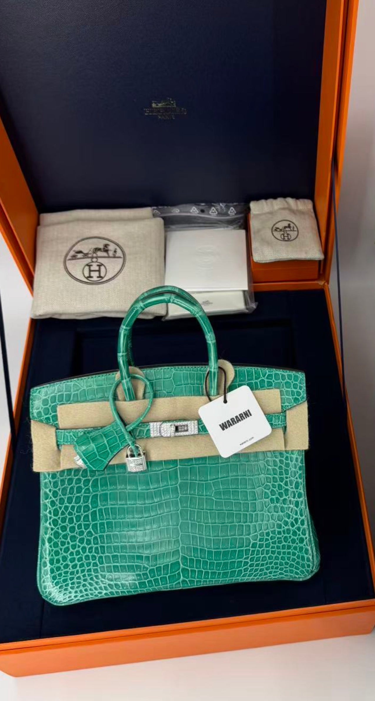 Hermès Birkin 25 Vert Jade Shiny Porosus Diamond Hardware