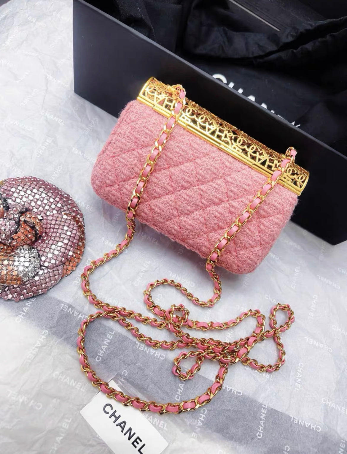 CHANEL 22K Gold Metal Pink Tweed Logo CC Minaudiere Flap Bag