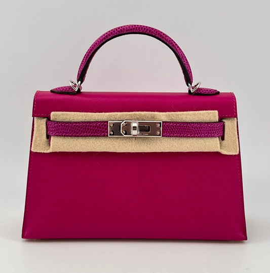 Hermes mini Kelly 20 touch rose pourpre Madame / lizard palladium hardware