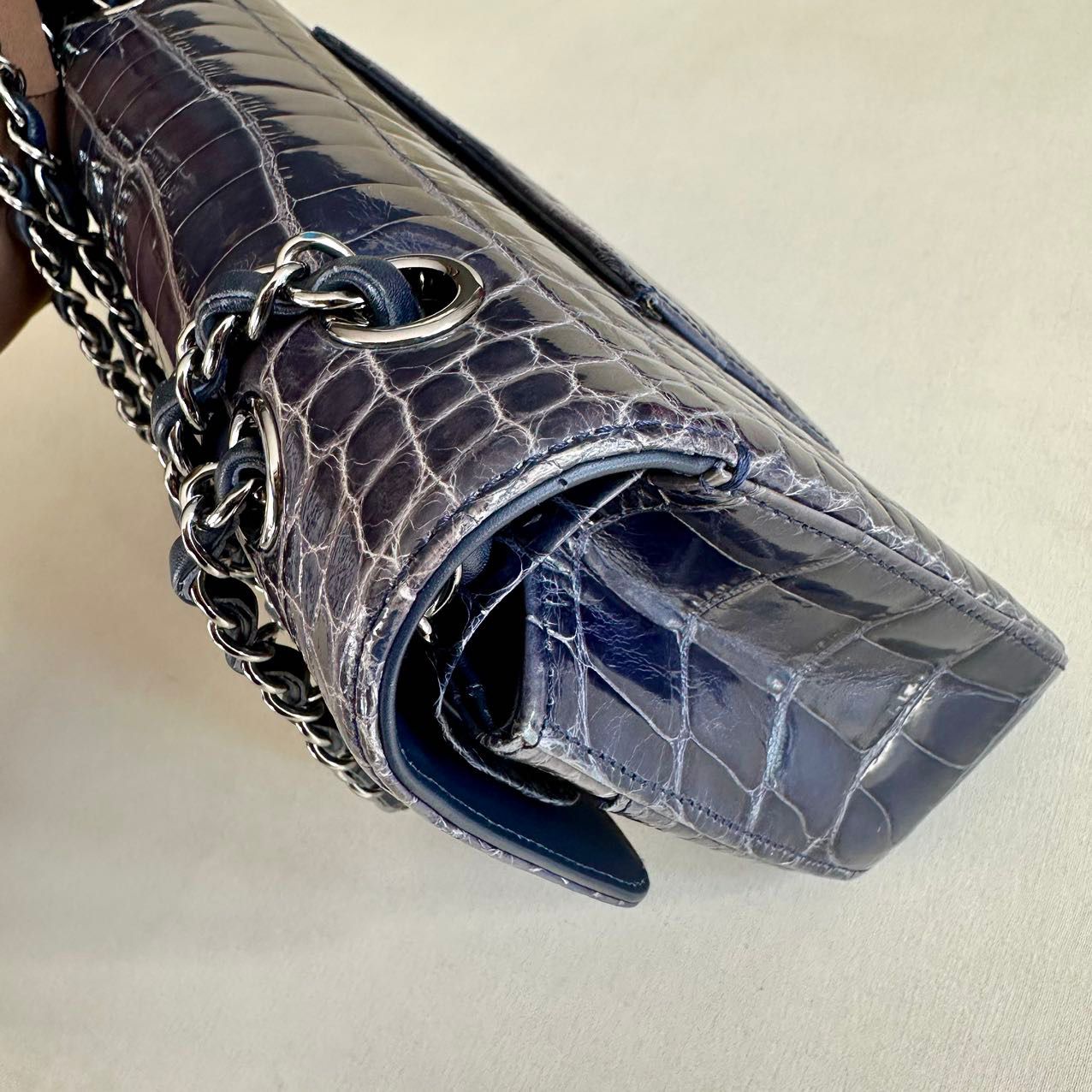 CHANEL SHINY BLUE ALLIGATOR CLASSIC FLAP BAG WITH SILVER HARDWARE