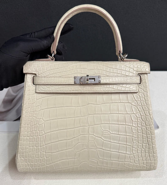 Hermes Kelly 25 beton matte alligator palladium hardware