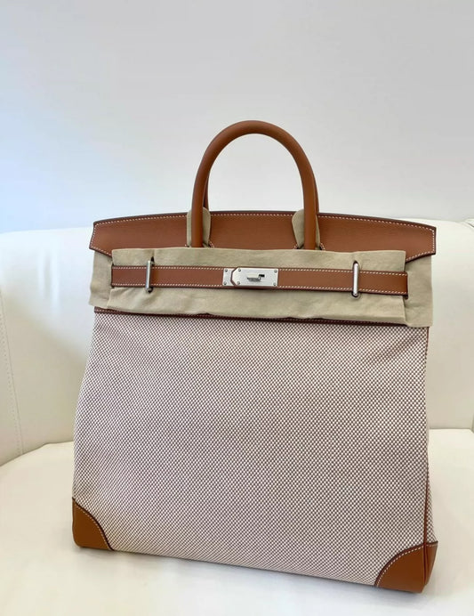 HERMES HAC BIRKIN 40 GOLD EVERCOLOR LEATHER & CRISS VIKING CANVAS WITH PALLADIUM HARDWARE