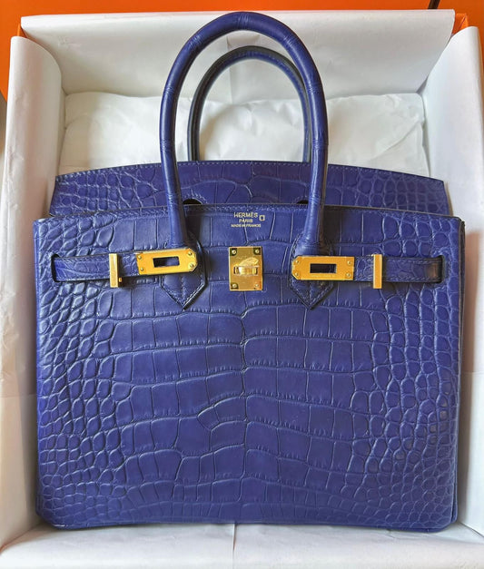 Hermes Birkin 25 Bleu Saphir Matte Alligator Gold hardware