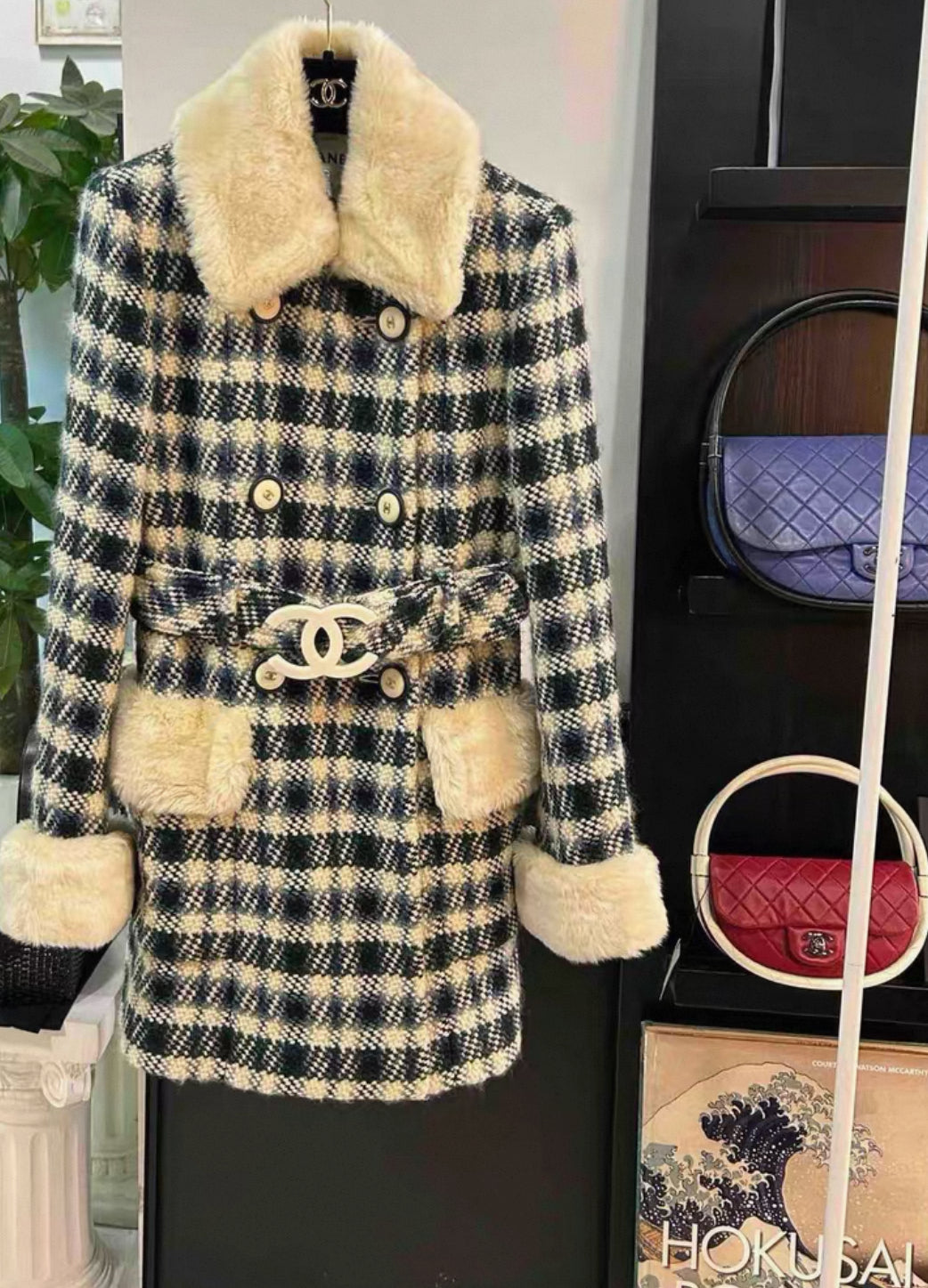 Chanel 2017 white/Blue/Green Check Tweed Coat