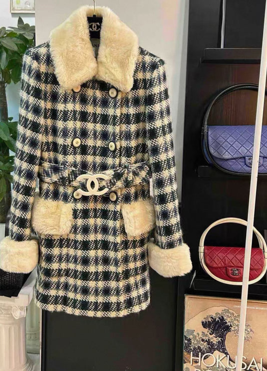 Chanel 2017 white/Blue/Green Check Tweed Coat