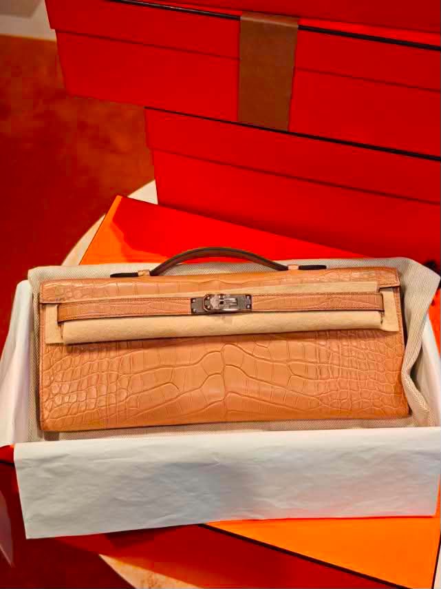 Hermes Kelly cut chai matte alligator palladium hardware