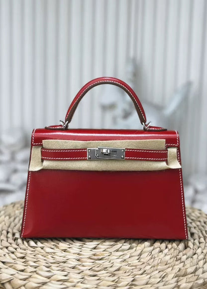 Rare Hermès Mini Kelly Ferrari red box leather with white stitching palladium hardware