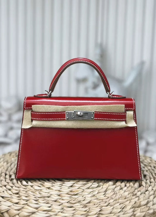 Rare Hermès Mini Kelly Ferrari red box leather with white stitching palladium hardware
