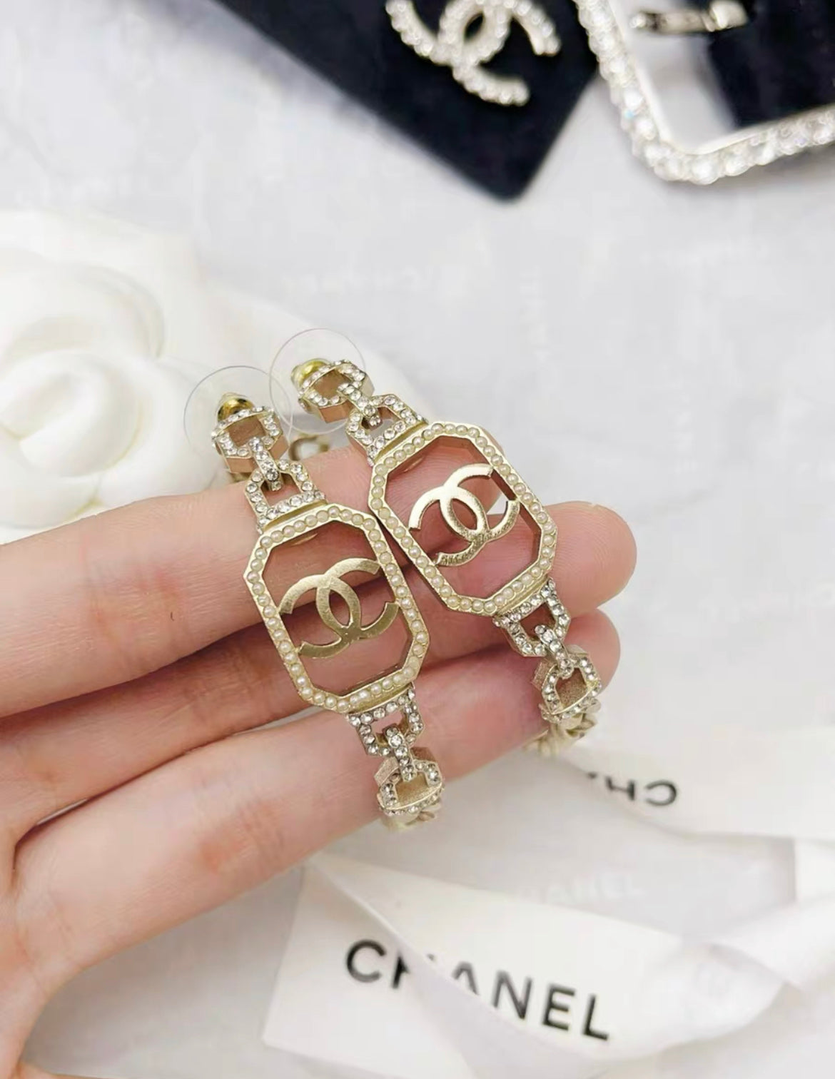 Chanel gold CC chain diamond hoop earrings