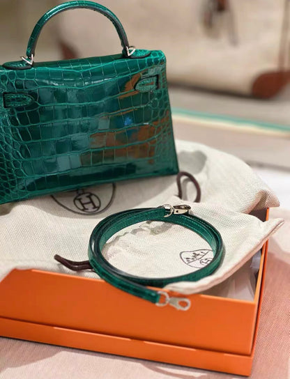 HERMES MINI KELLY SELLIER EMERALD SHINY ALLIGATOR PALLADIUM HARDWARE