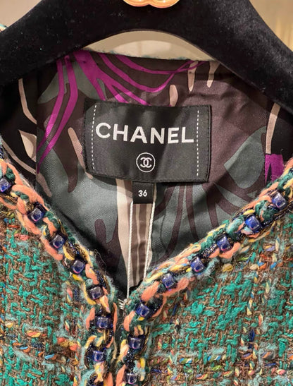 Chanel 23A Green, Orange & Blue Tweed Long Sleeve Jacket with Braided Detail & CC Buttons size 36