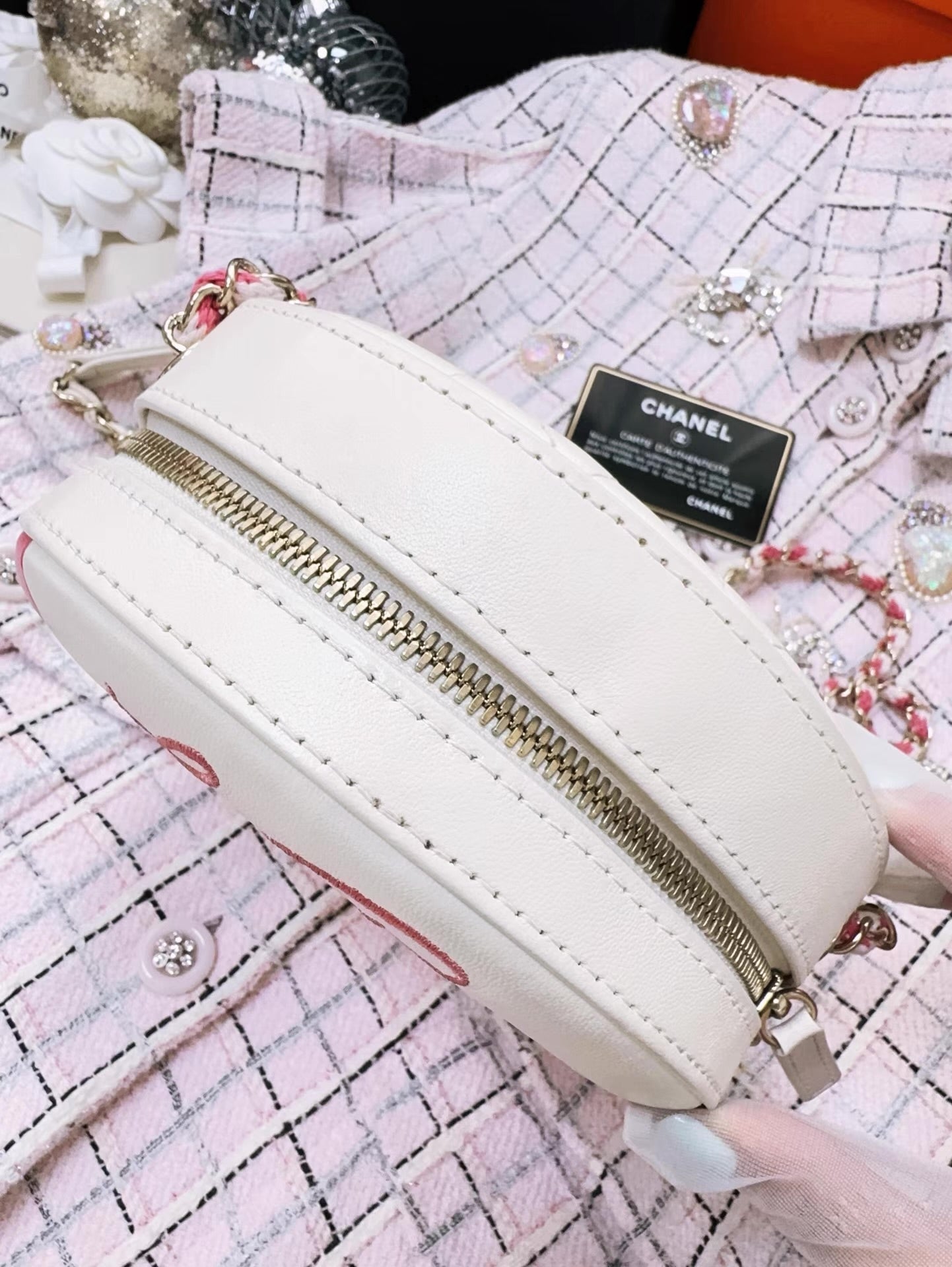 Chanel 19C Pink/White Lambskin Leather Coco Lifesaver Small Round