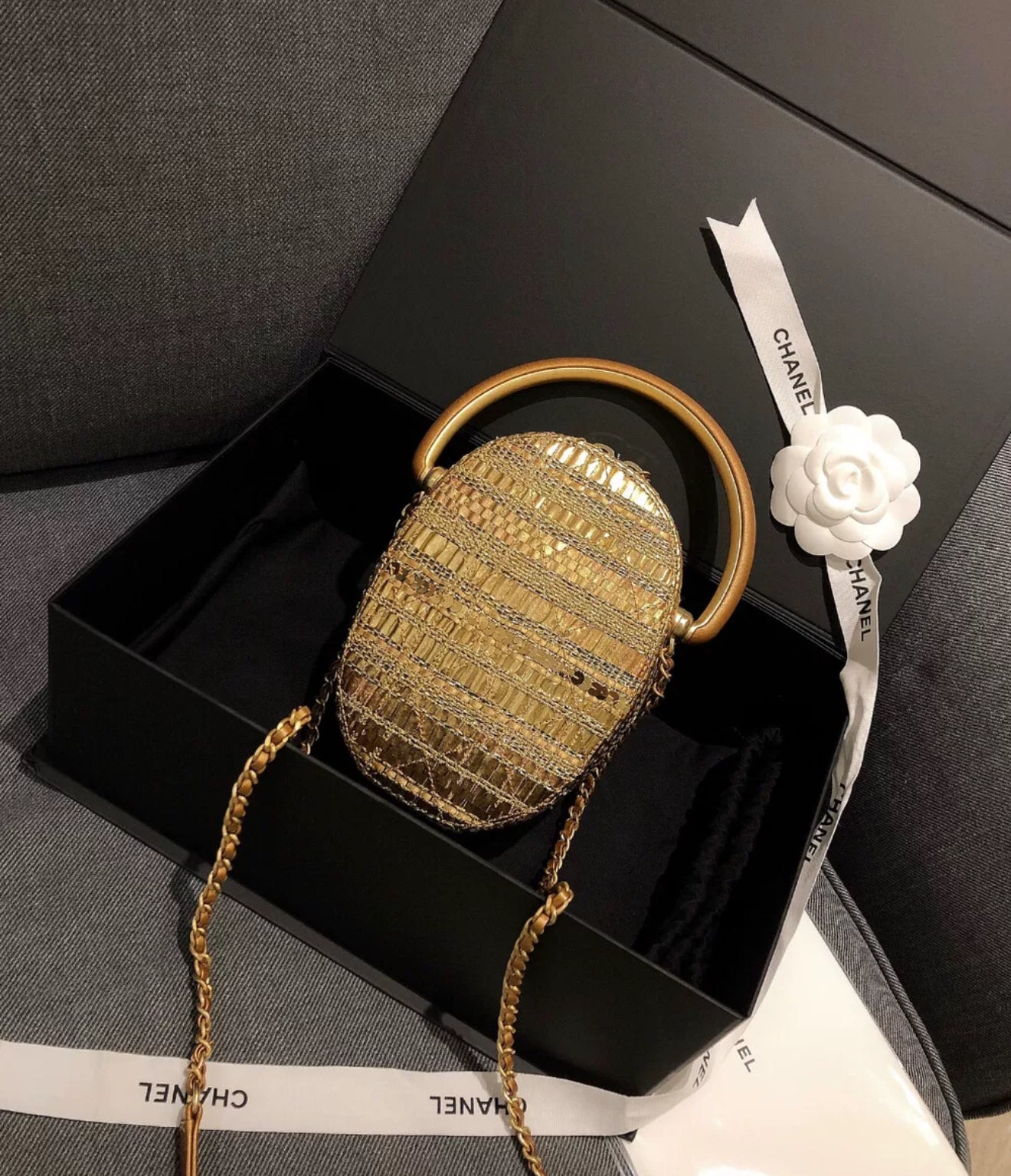 Chanel 19A Egyptian Gold Tweed Runway Handle Crossbody Bag Chanel 19A Egyptian Gold Tweed Runway Handle Crossbody Bag