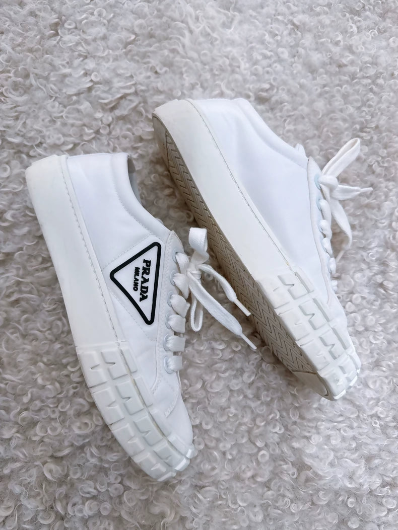 Prada classic triangle logo white gabardine biscuit shoes