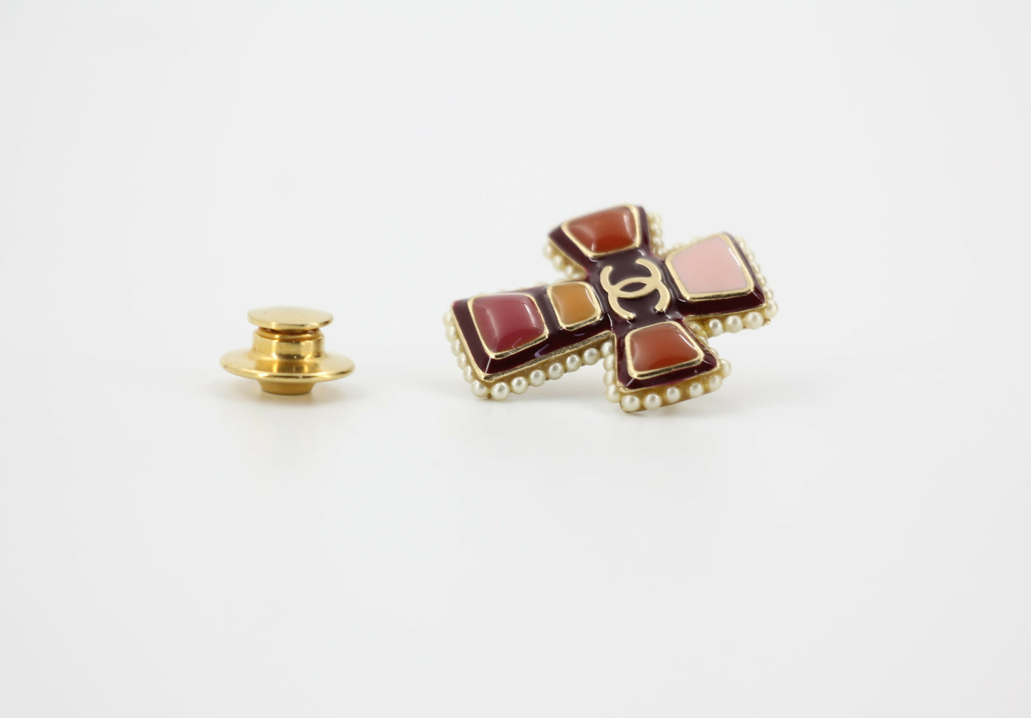 Chanel Vintage 03A Gripoix Red-Orange Imitation Pearl Cross Brooch