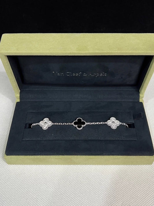 Van Cleef & Arpels Vintage Alhambra bracelet, 5 motifs 18K white gold, Diamond, Onyx