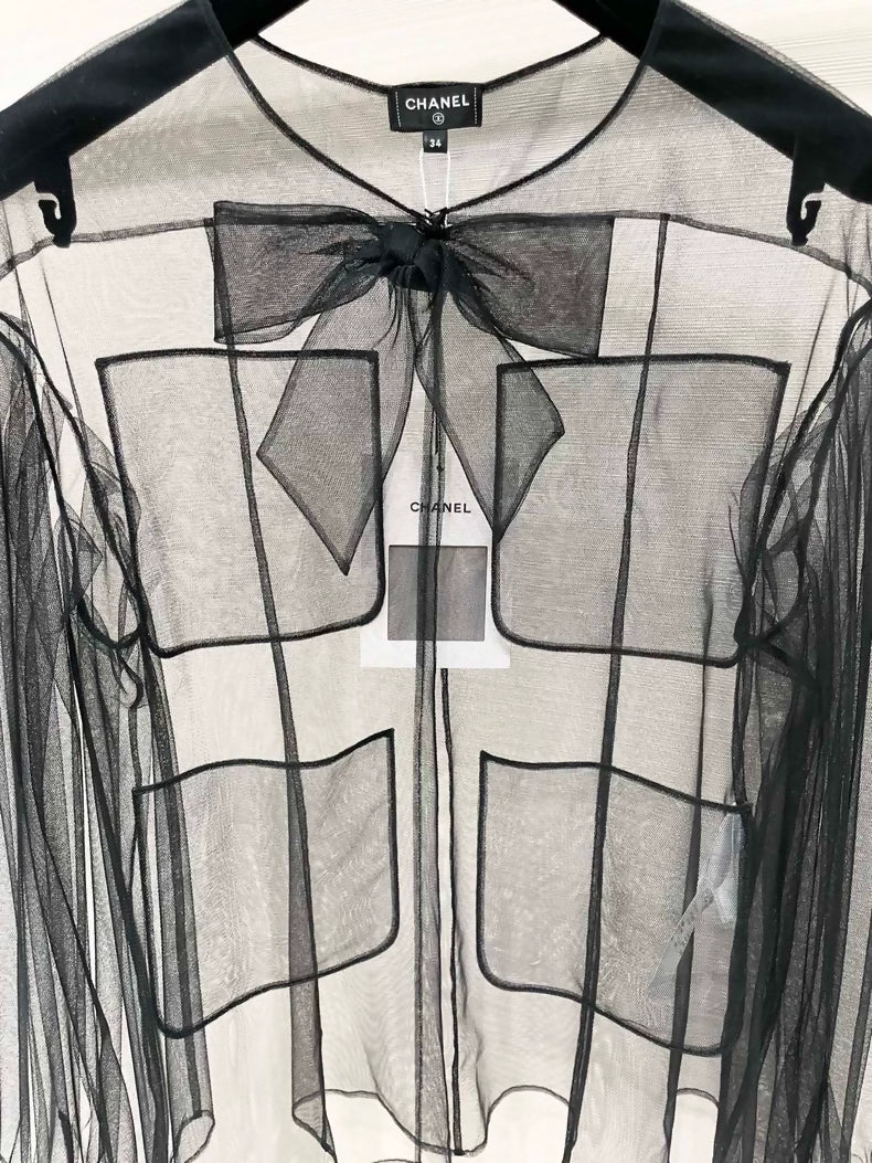 Chanel 25K black tulle blouse with bow
