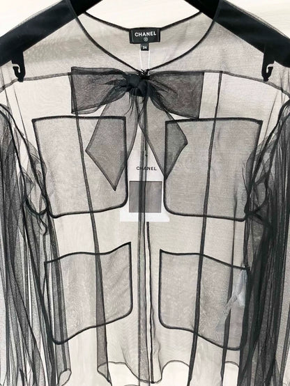 Chanel 25K black tulle blouse with bow