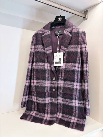 Chanel 24A pinkish-purple tweed cashmere wool plaid coat