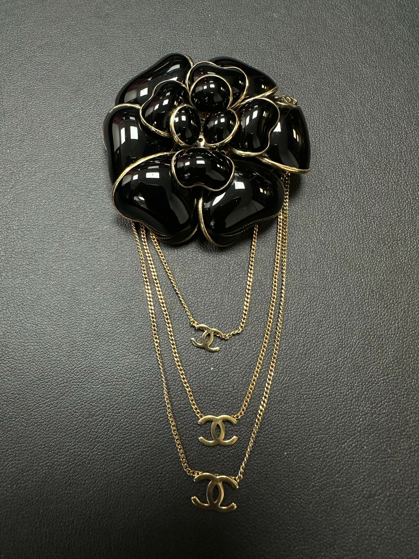 Chanel Vintage 02A Imitation Pearl Black Camellia Triple CC Brooch