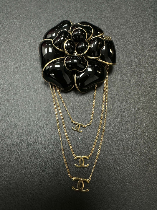 Chanel Vintage 02A Imitation Pearl Black Camellia Triple CC Brooch