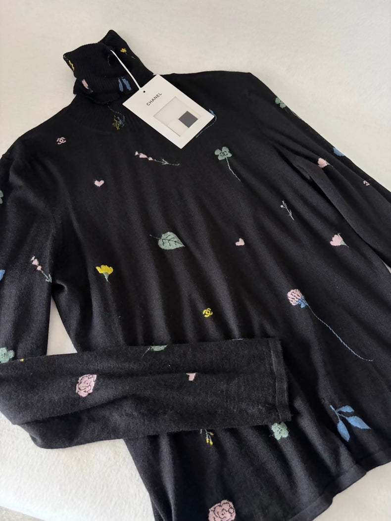 Chanel 18B Floral Embroidery Black Turtleneck Knit Sweater