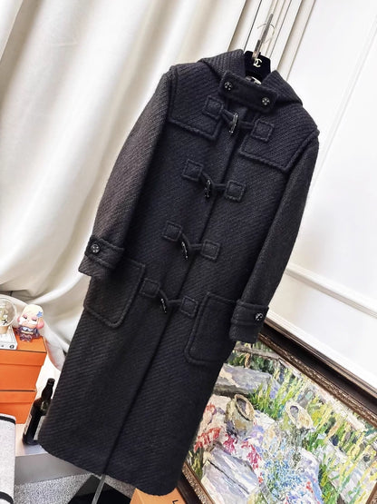 Chanel 21B black tweed hooded long coat with fine shimmer