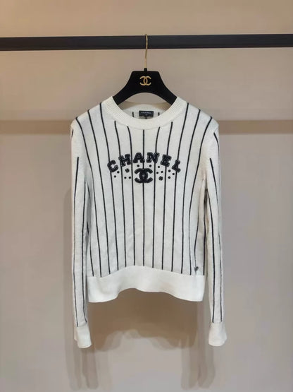Chanel 23S Striped Beige Logo Knit Sweater