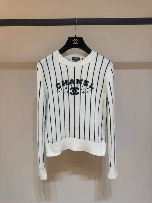Chanel 23S Striped Beige Logo Knit Sweater
