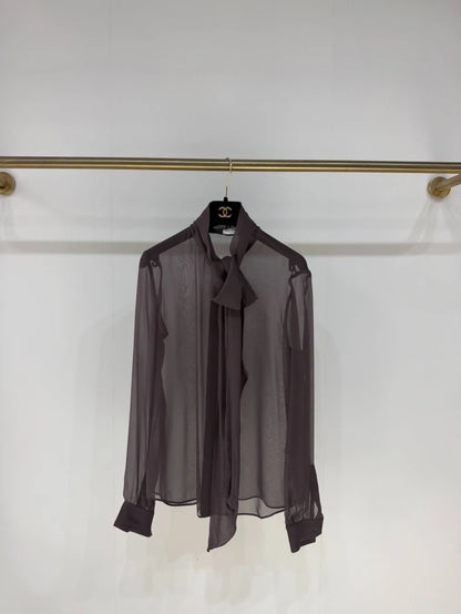 Saint Laurent 2024 Fall/Winter Silk Sheer Long-Sleeved Shirt with Ribbon,