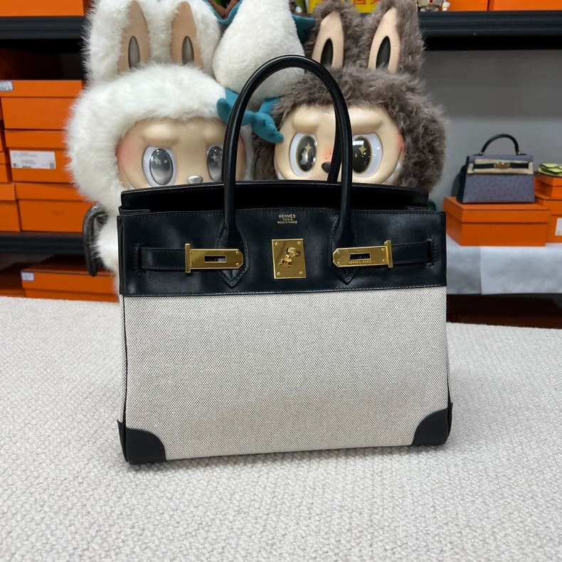 Hermes Birkin 30 Canvas & Black Box Leather with gold hardware