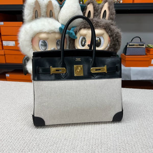 Hermes Birkin 30 Canvas & Black Box Leather with gold hardware