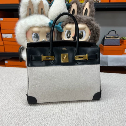 Hermes Birkin 30 Canvas & Black Box Leather with gold hardware