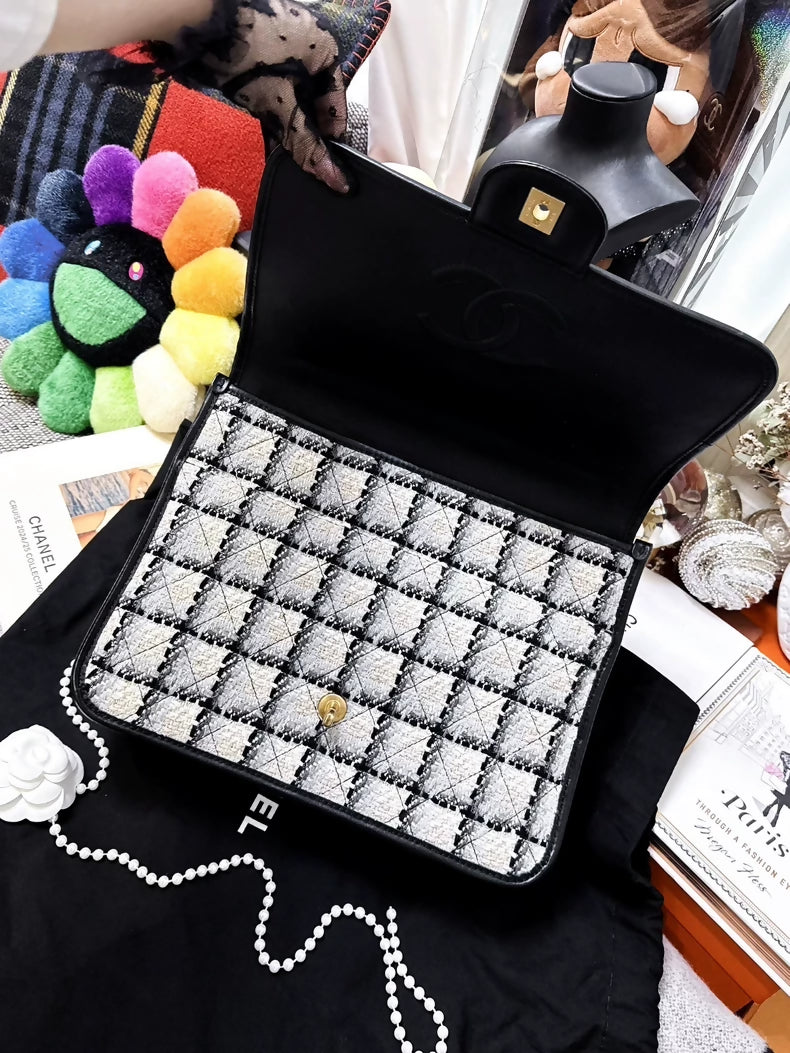Chanel 22K Black and White Checkered Tweed Messenger Bag