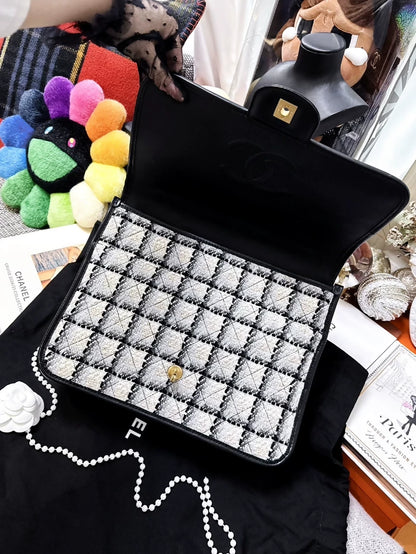 Chanel 22K Black and White Checkered Tweed Messenger Bag