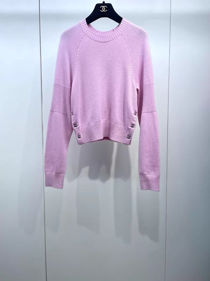 Chanel 24B Pink cashmere  sweater with CC turnlocks