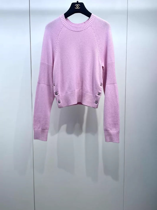 Chanel 24B Pink cashmere  sweater with CC turnlocks