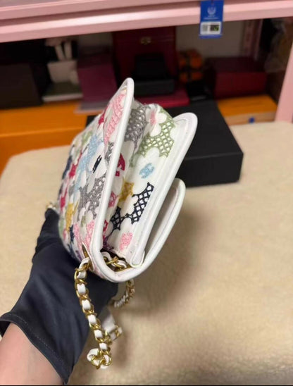 Chanel Spring 2024 White & Multicolor Floral Embroidered Classic Flap Bag with Aged Gold Hardware