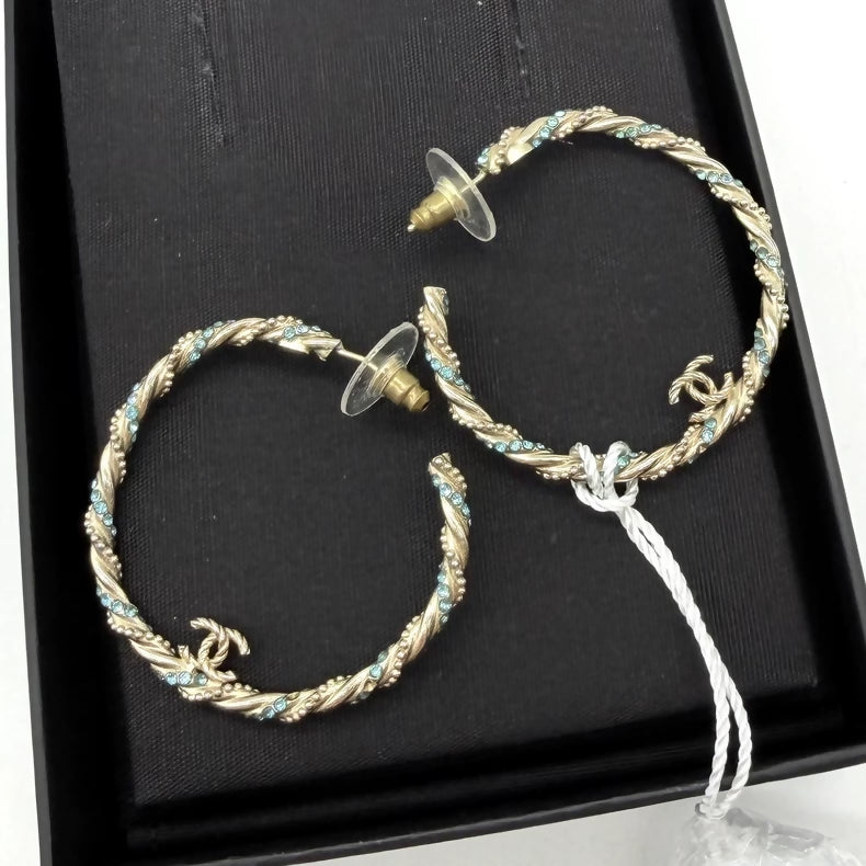 Chanel blue diamond cable hoop earrings