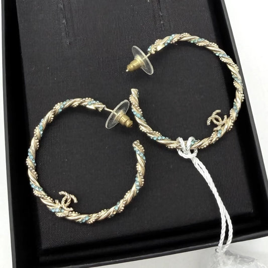 Chanel blue diamond cable hoop earrings