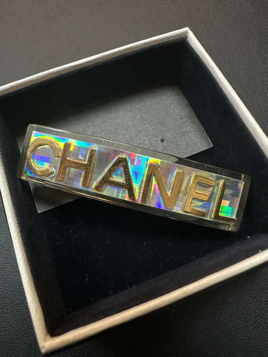 Chanel Vintage 97P Iridescent Sliver Resin Golden-Tone Letter Motif Hair Clip