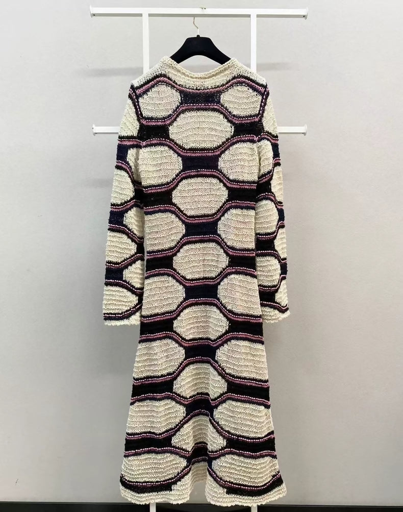 Chanel 20P off-white, pink, and black color-blocked knit maxi dress