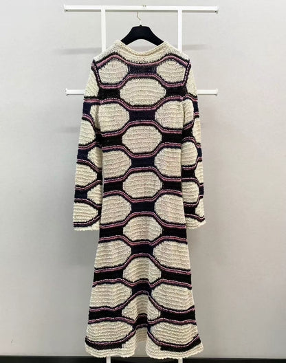 Chanel 20P off-white, pink, and black color-blocked knit maxi dress