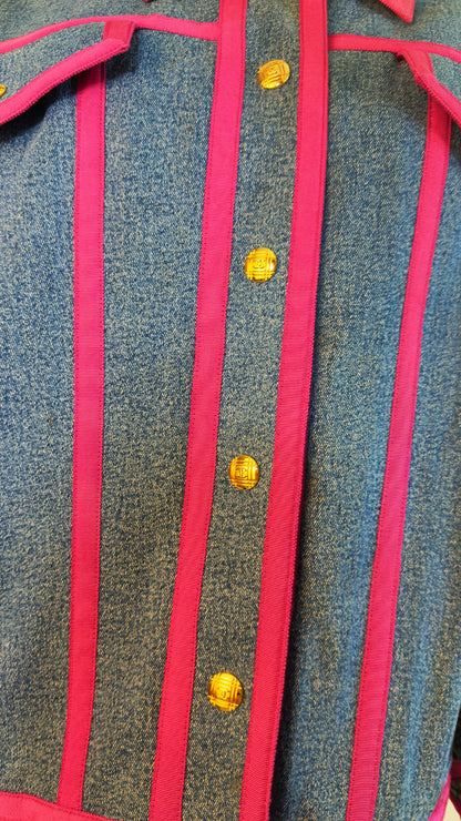 Chanel Vintage 1991 Runway Denim Jacket with Pink Trim and Gold CC Buttons