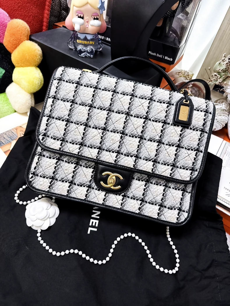 Chanel 22K Black and White Checkered Tweed Messenger Bag