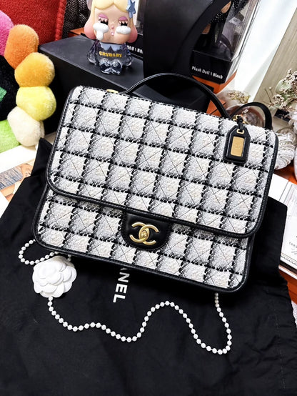 Chanel 22K Black and White Checkered Tweed Messenger Bag