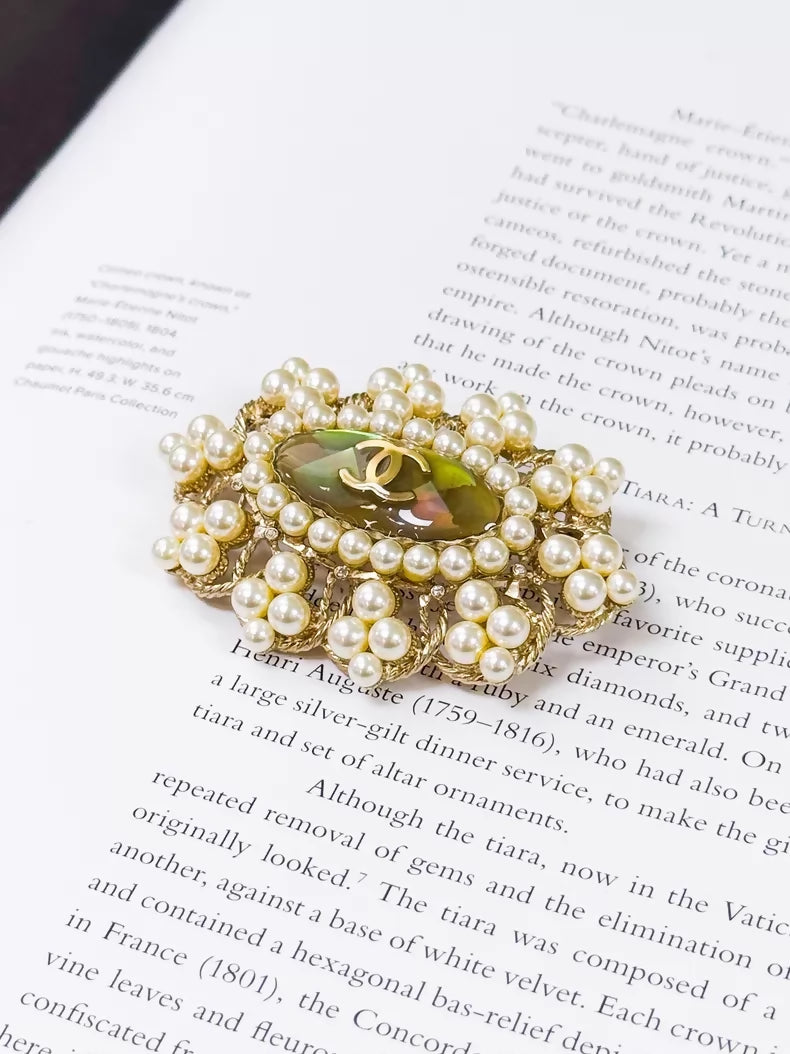 Chanel 16K Gold Pearl Iridescent Double C Brooch