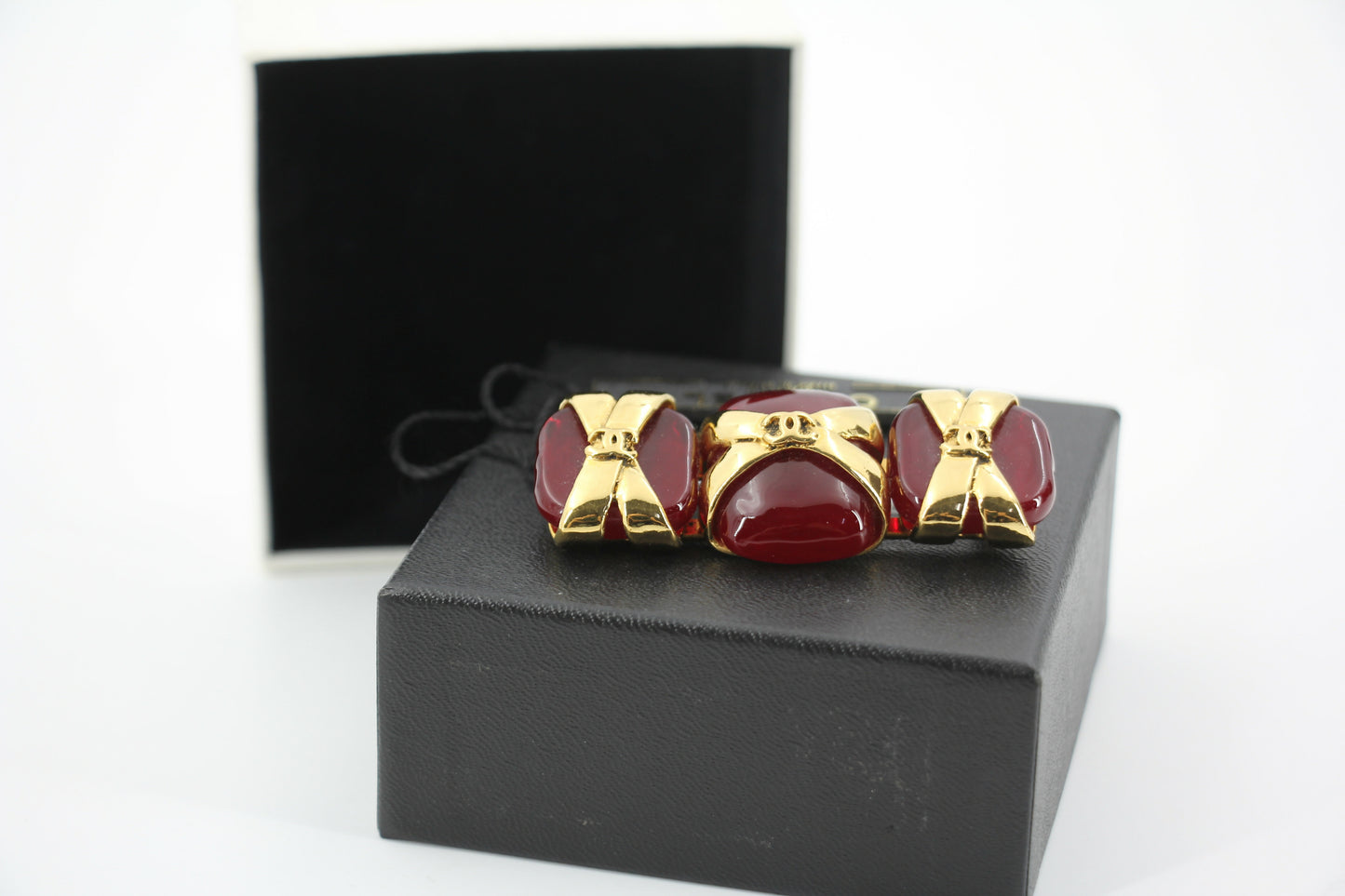 Chanel Vintage 94P Gripoix Red CC Gold Plated Rectangular Cross Brooch
